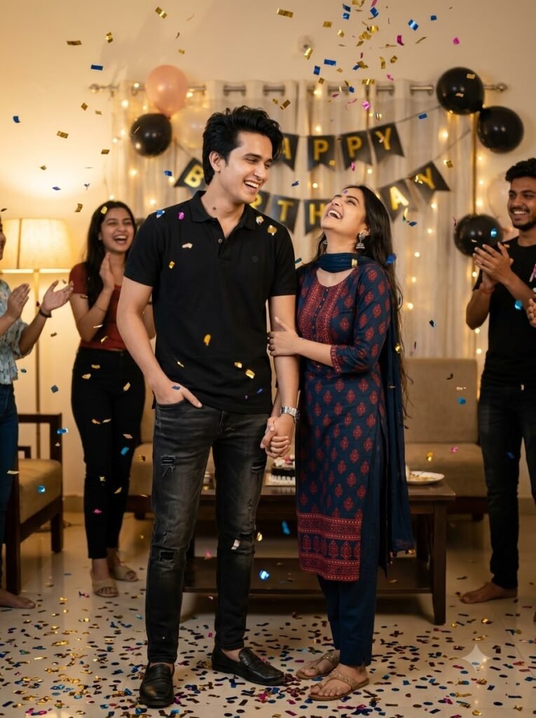 Couple laughing with confetti at a birthday celebration
