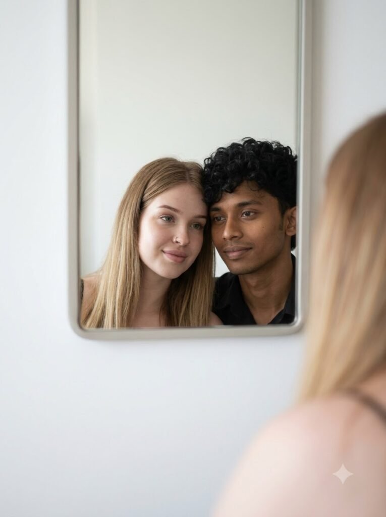 Close portrait of a couple reflected in a simple wall mirror