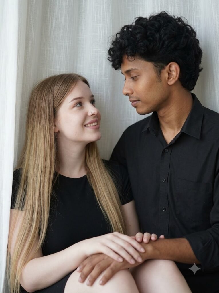 Close portrait of a couple against a textured white curtain