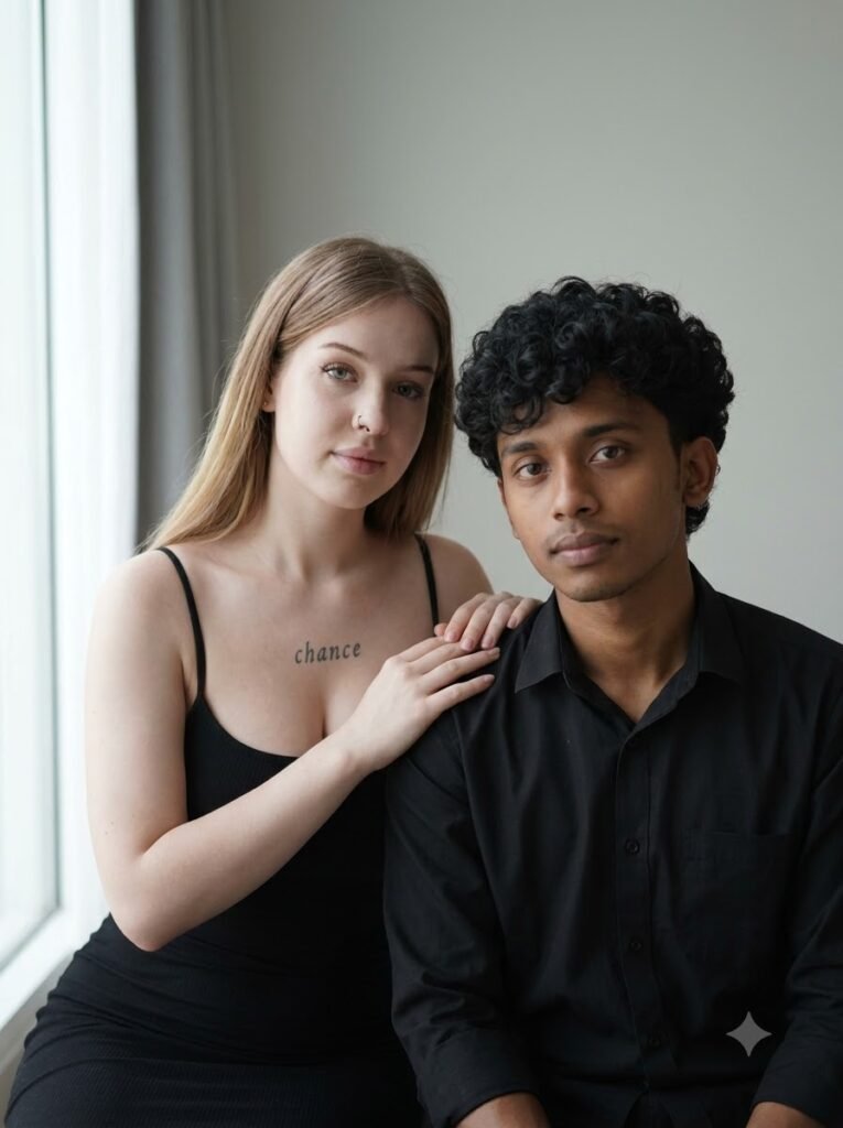 Couple portrait by a plain wall with soft window light