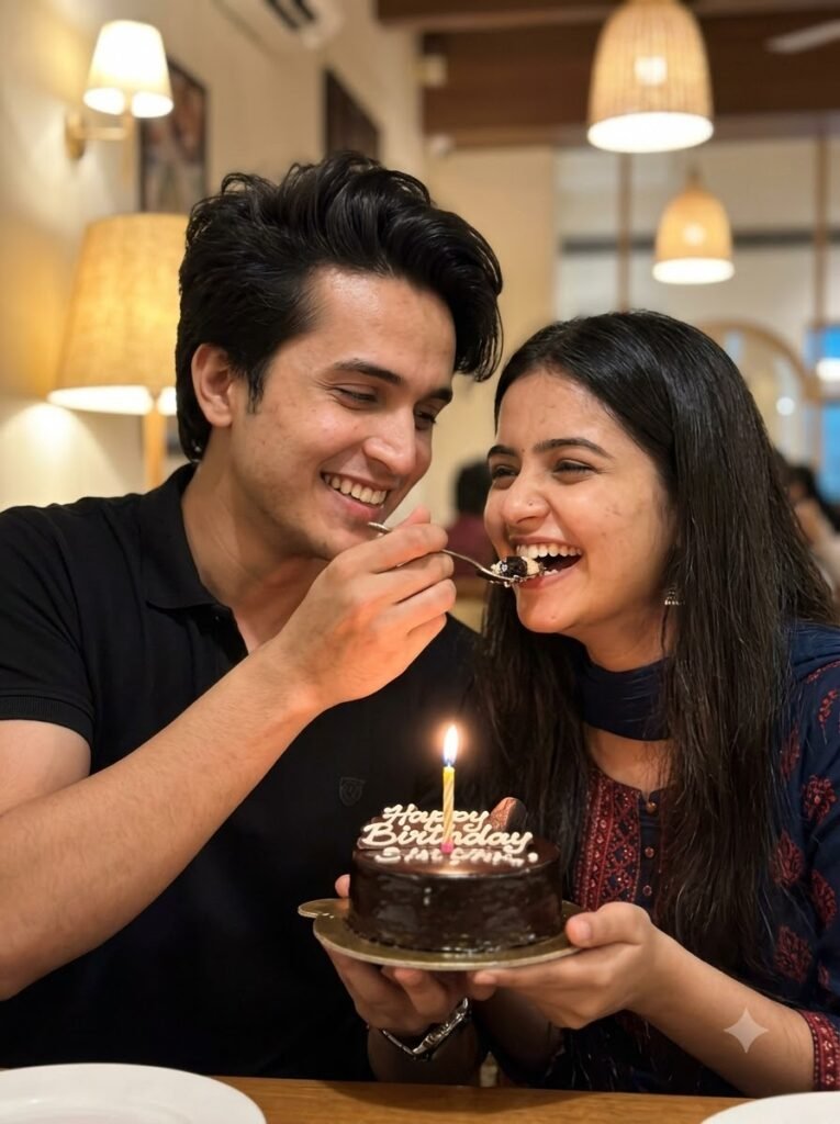 Couple sharing a small birthday cake together