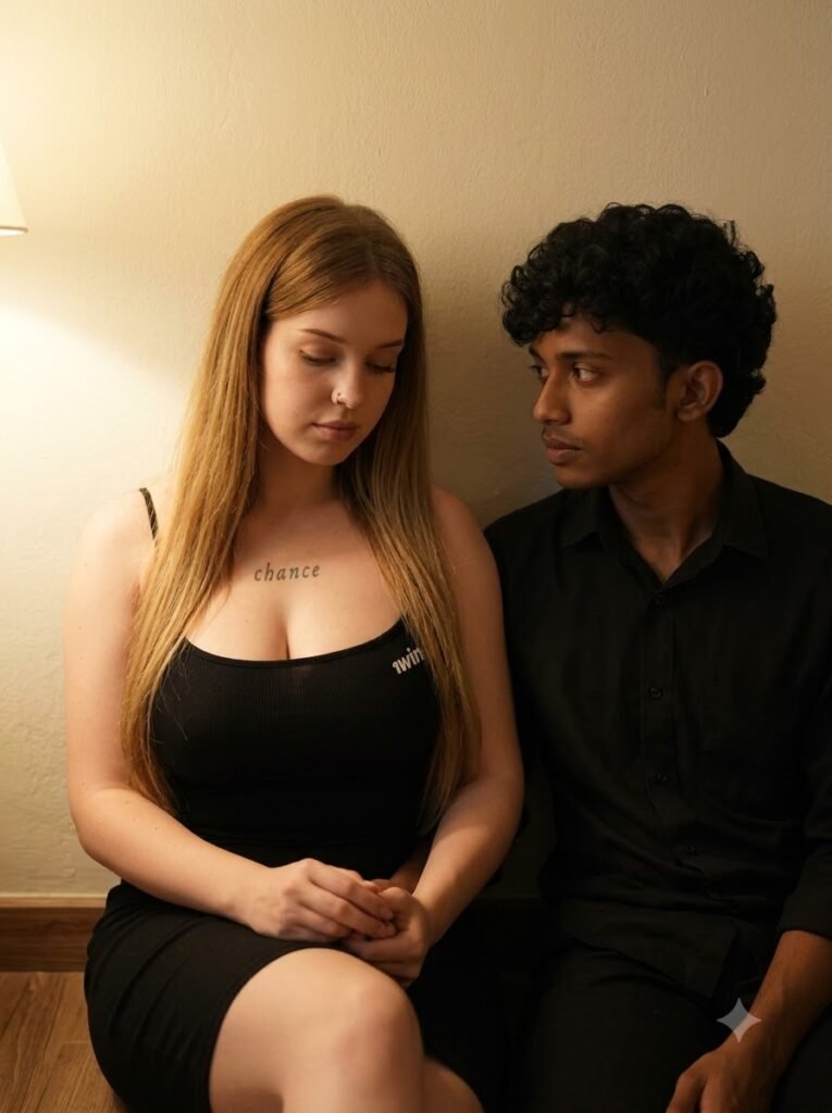 Couple seated on the floor against a plain wall in warm lamp light