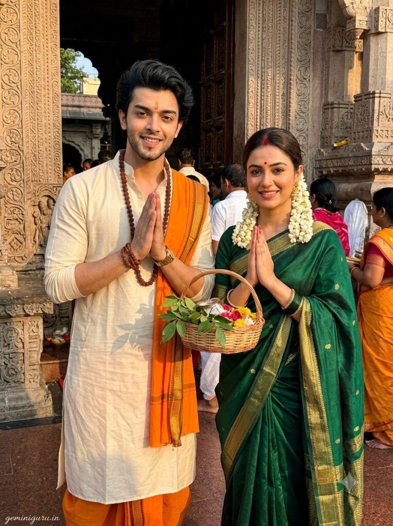 Indian couple with folded hands at a Shiva temple during Sawan