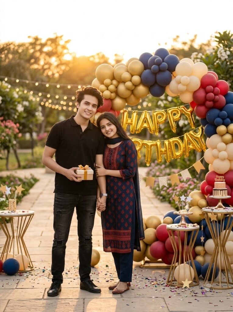 Couple standing beside a birthday balloon arch