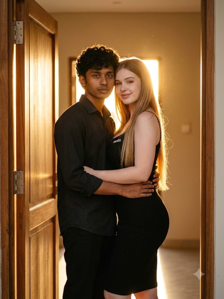 Couple standing close in a doorway with warm golden-hour backlight