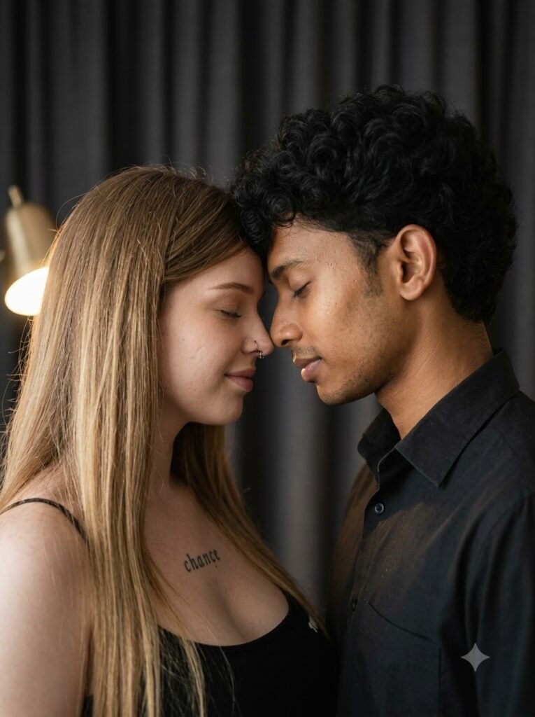 Couple standing close together against a dark curtain in cinematic light