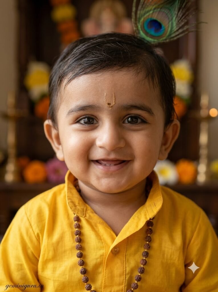 Square Janmashtami profile portrait with yellow kurta, tulsi necklace, tilak and peacock feather