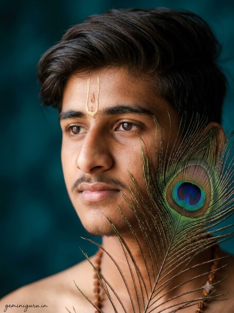 Close-up Janmashtami devotional portrait with peacock feather and sandalwood tilak