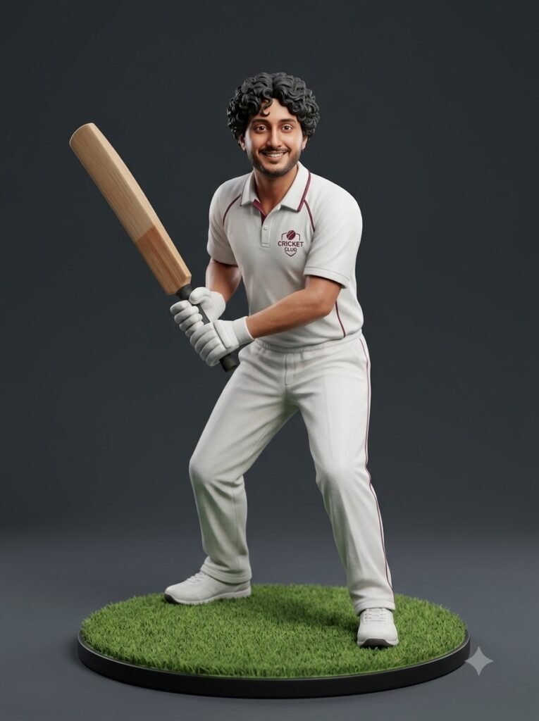 Cricket player figurine in an unbranded uniform holding a bat on a grass-textured base