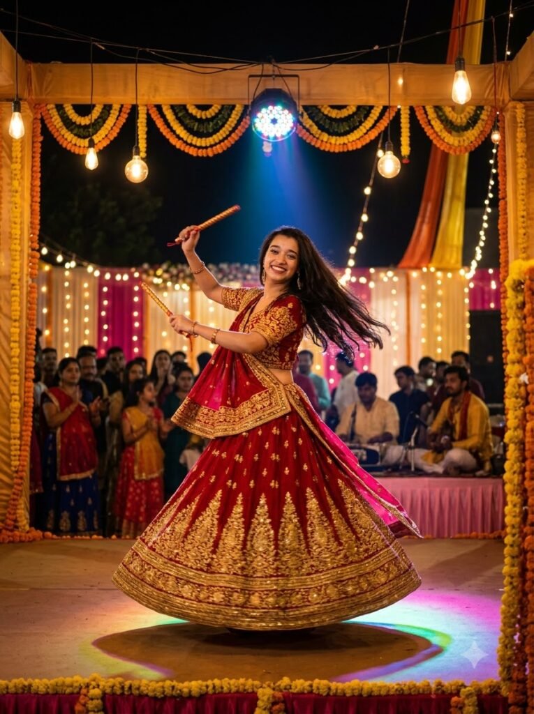 Solo garba dancer on a decorated pandal stage under warm bulbs and a spotlight