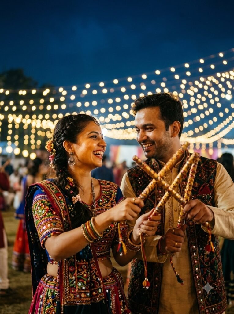 Dandiya pair dancing under warm string lights with a soft blue night sky behind them