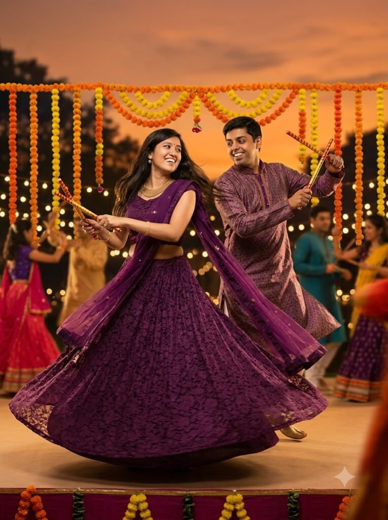 Dandiya pair spinning together on a decorated festival stage with flaring outfits