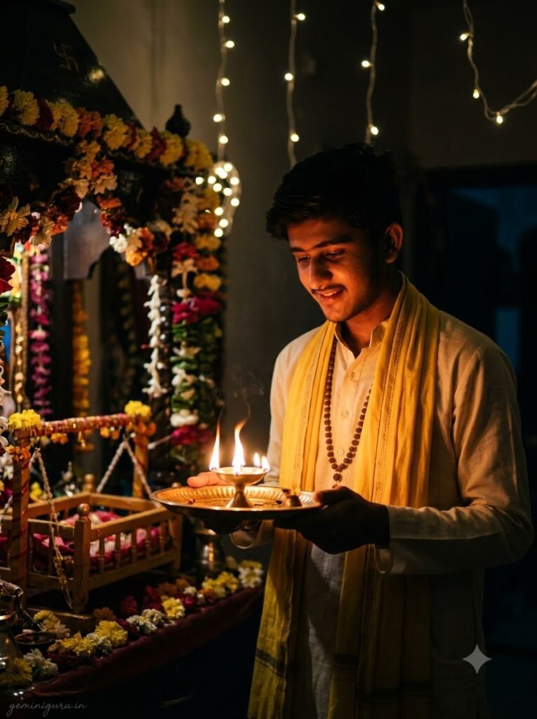 Devotee holding a lit brass aarti plate during a midnight Janmashtami puja