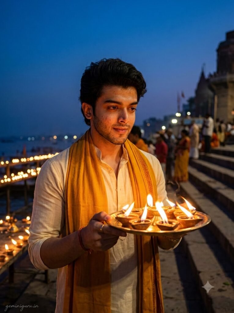 Devotee holding a lit brass aarti thali at a riverside ghat