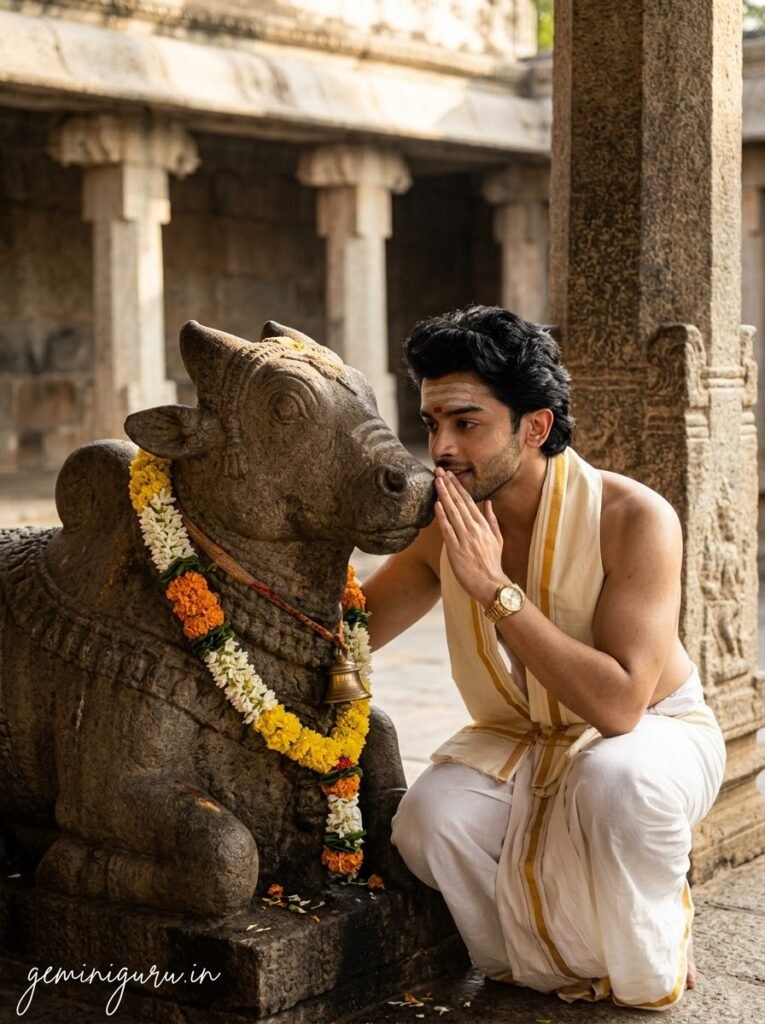 Devotee kneeling beside a decorated Nandi statue in a Shiva temple courtyard
