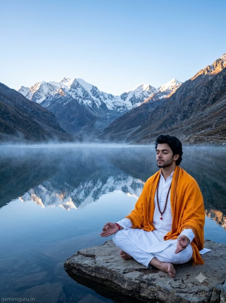 Devotee meditating beside a Himalayan lake with snow-covered peaks