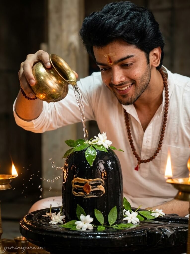 Devotee pouring Gangajal over a Shivling during jalabhishek