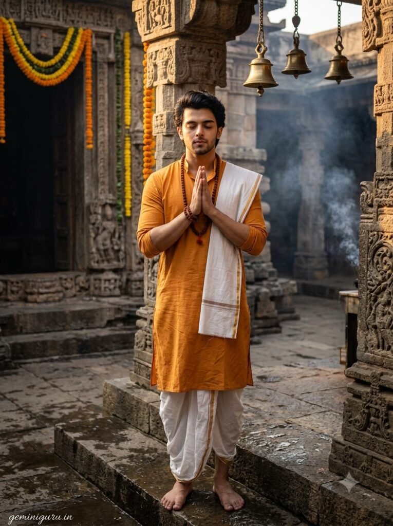 Devotee standing with folded hands at a Shiva temple during Sawan