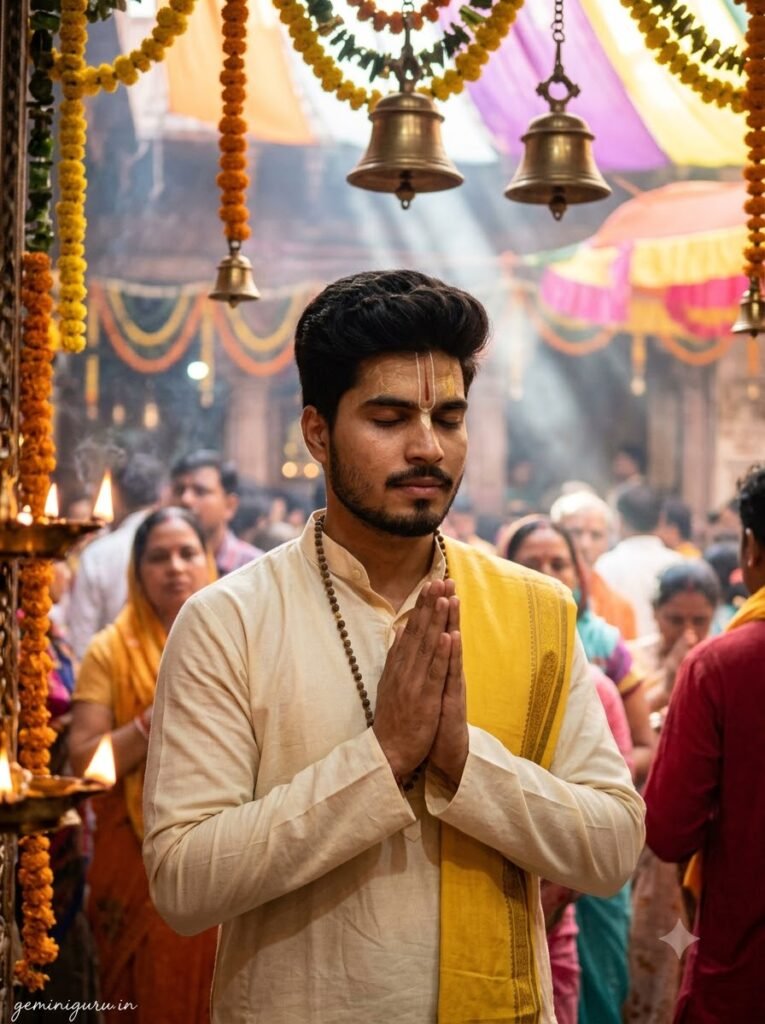 Devotee with folded hands in a decorated Vrindavan temple during Janmashtami