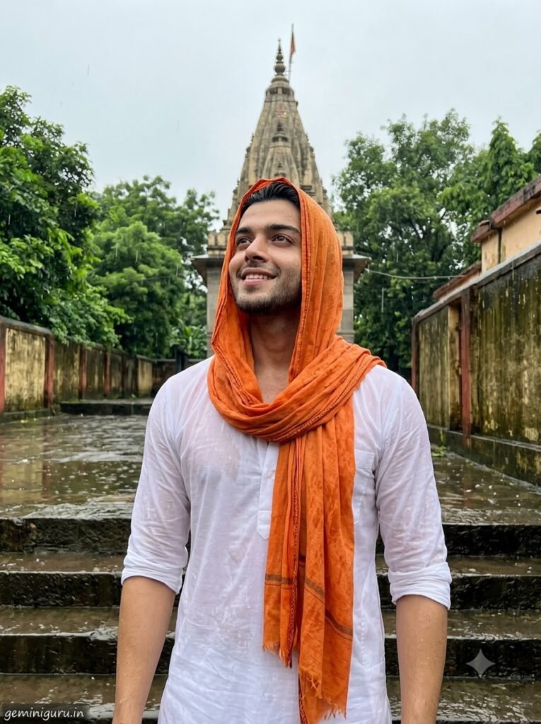 Mahadev devotee standing in monsoon rain on wet Shiva temple steps