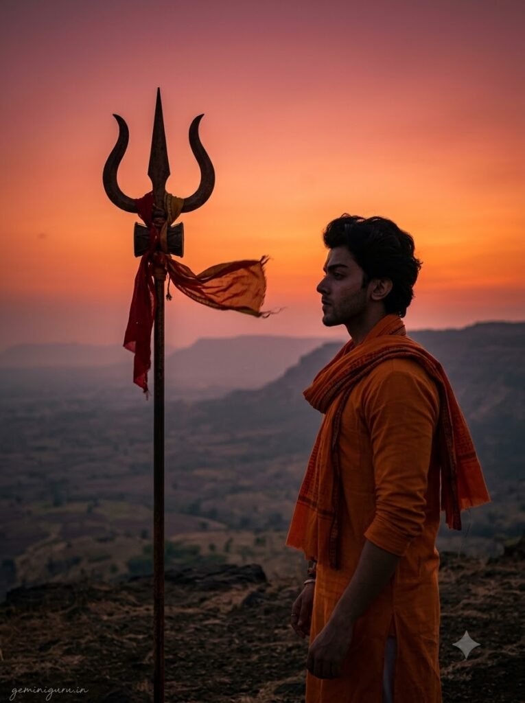 Mahadev devotee standing beside a trishul on a hilltop at sunset