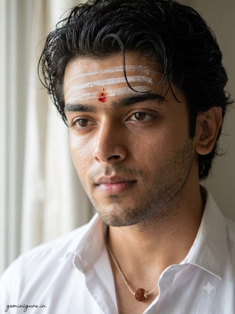 Close-up Mahadev devotee portrait with sacred ash lines and red tilak