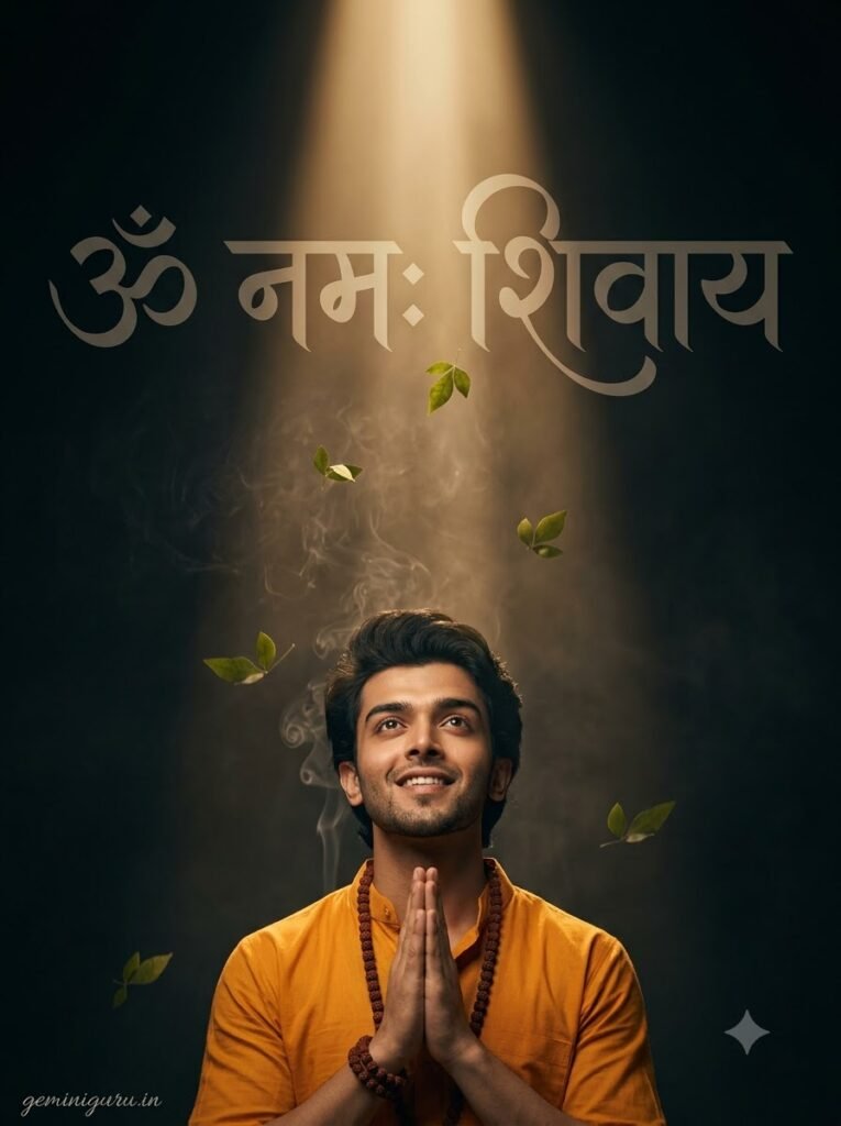 Vertical Om Namah Shivaya devotional poster with Mahadev devotee in saffron