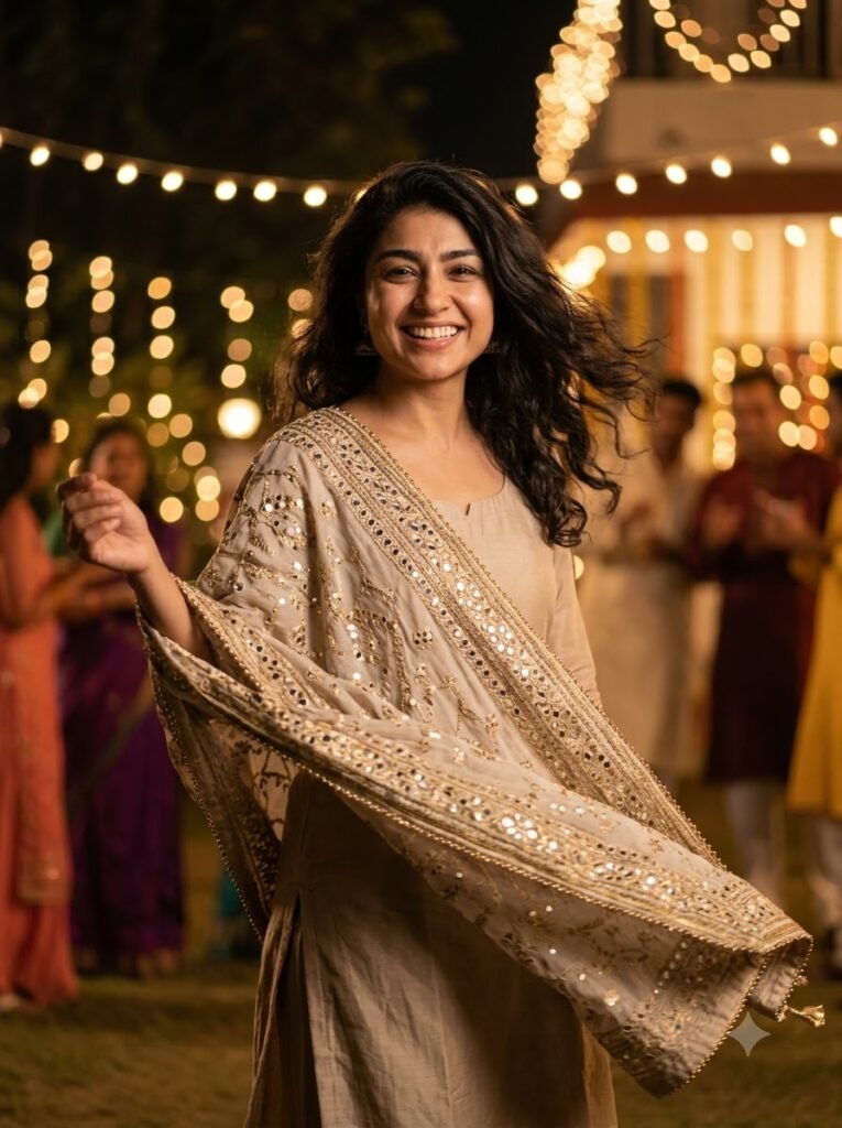 Mirror-work dupatta draped over one shoulder with blurred festival lights in the background