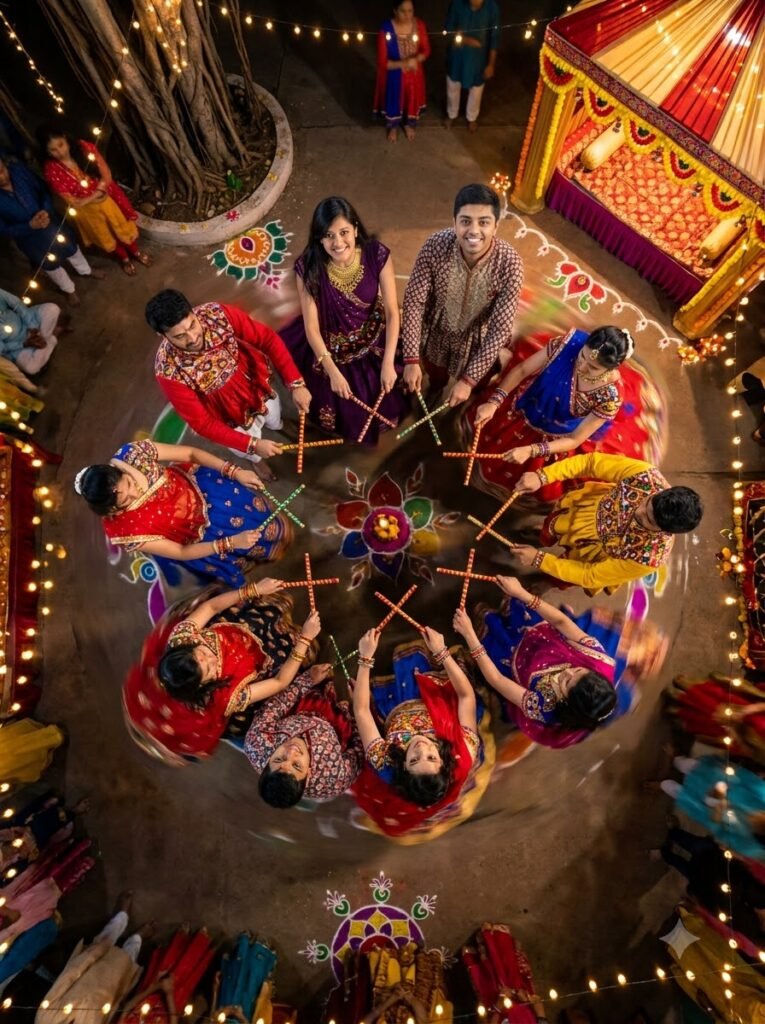 Eight people dancing garba in a rotating circle with raised dandiya sticks