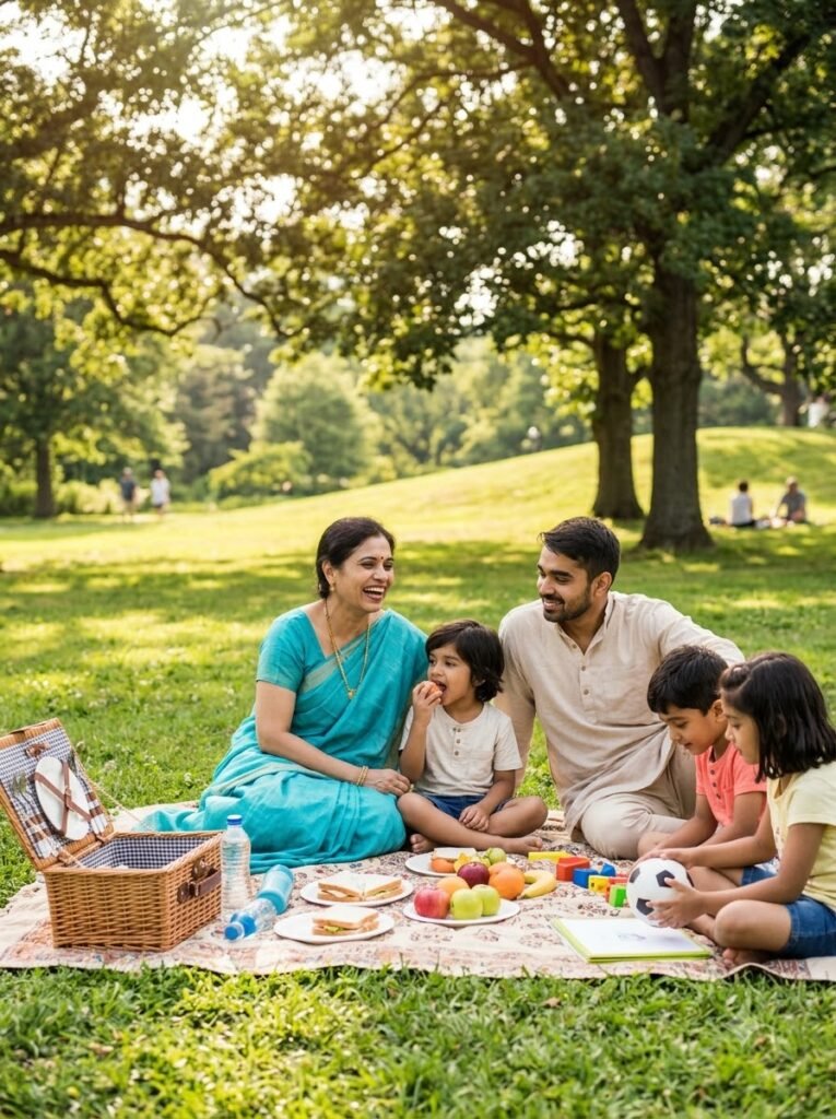 Mother and children enjoying a relaxed picnic outdoors in natural daylight