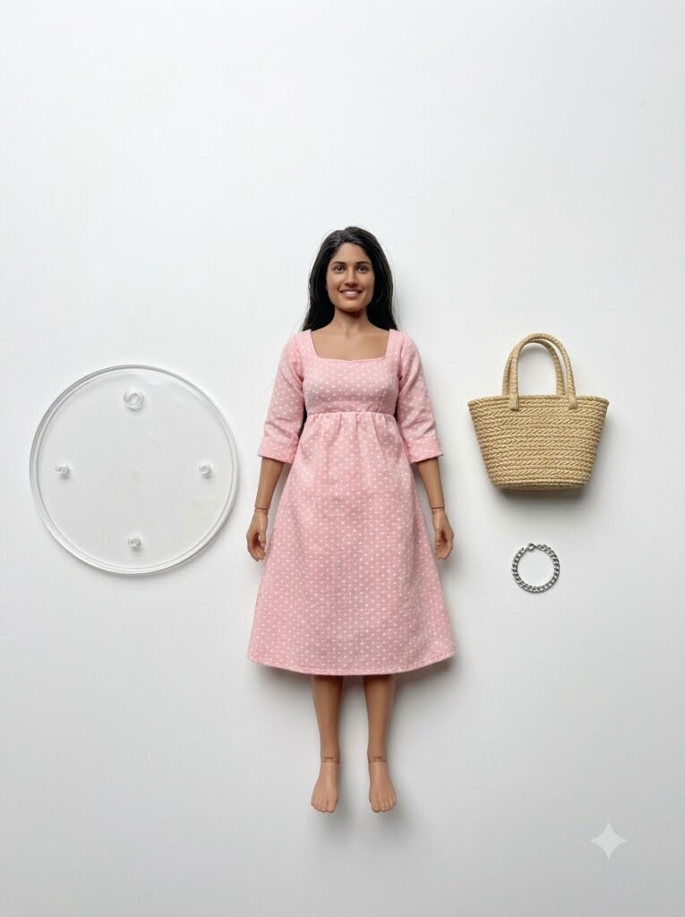 Flat-lay product arrangement of a figurine with its accessories and display base