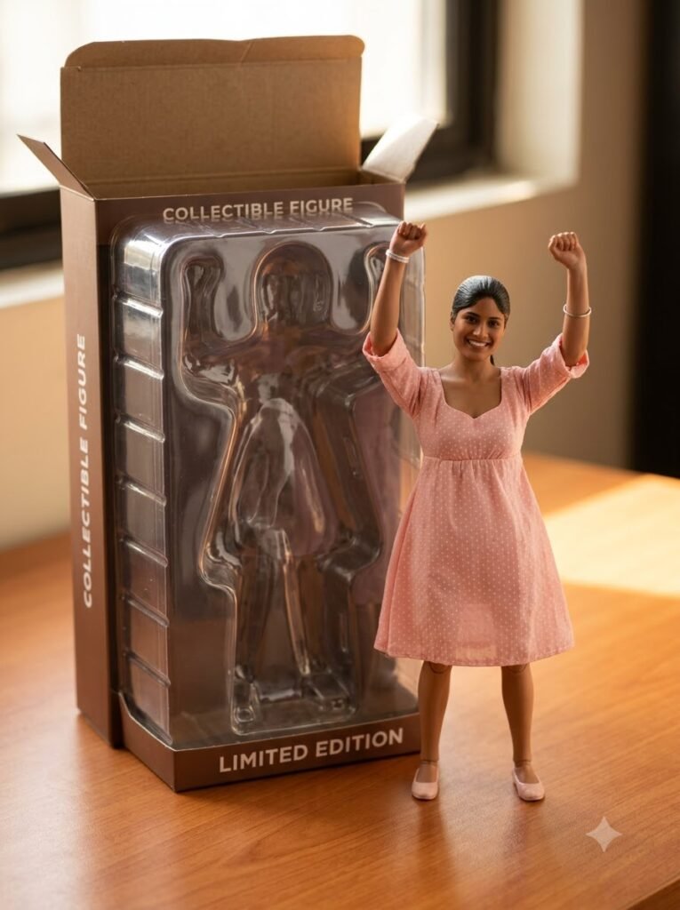 Opened figurine box on a desk with the figurine standing beside its packaging