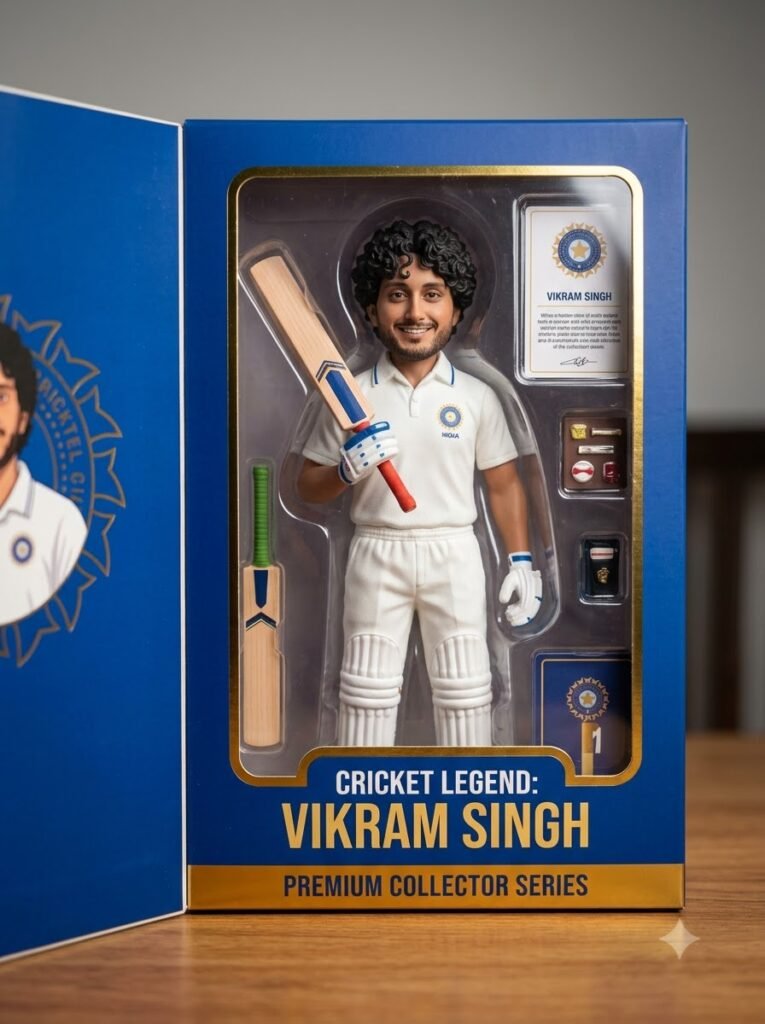 Close-up of a boxed cricket figurine with the package partially opened