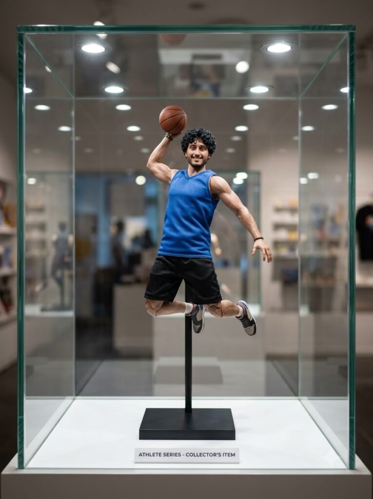 Athletic figurine displayed inside a glass display case with soft interior lighting