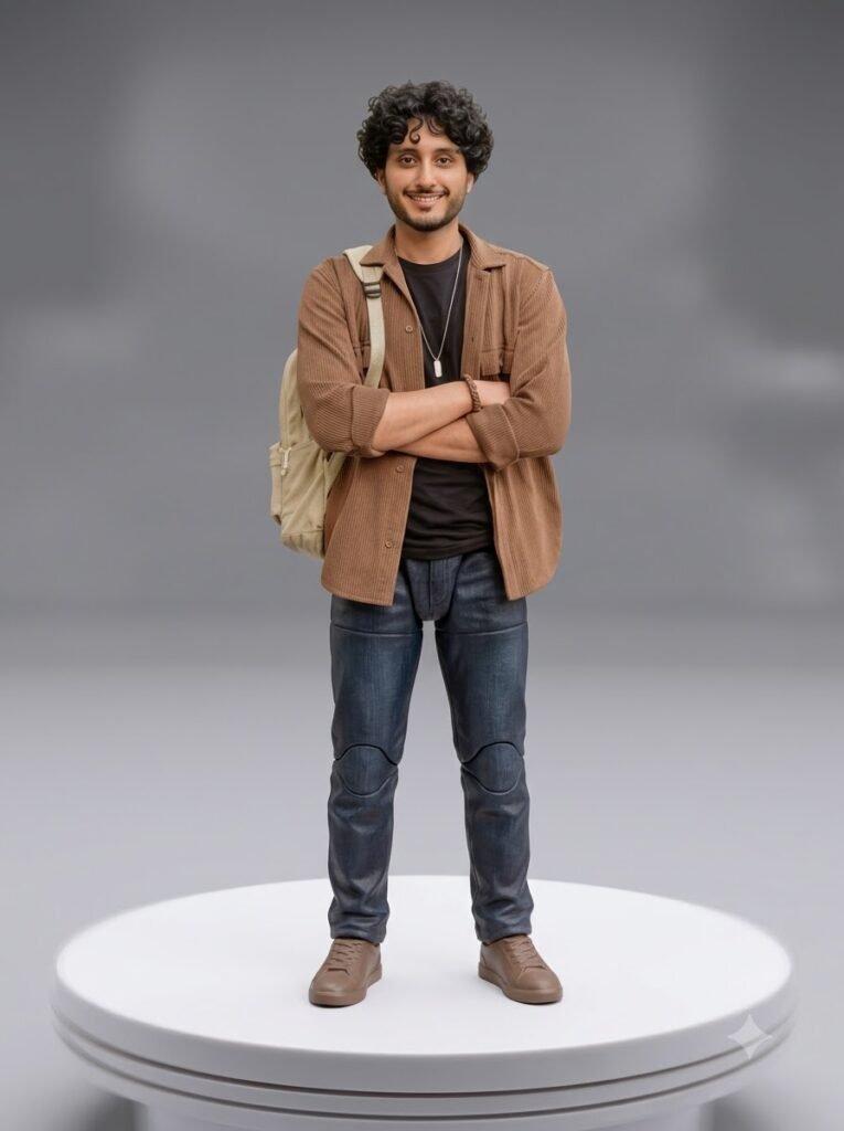 Collectible figurine standing on a rotating display turntable in a studio setup
