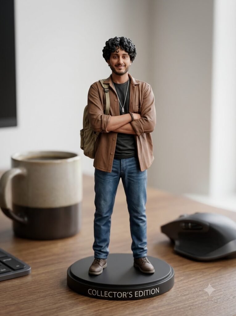 Example 3D figurine prompt template showing a figurine standing on a display base
