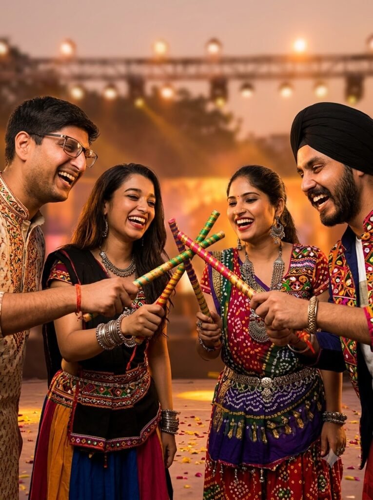 Four friends laughing while dancing with dandiya sticks in traditional Gujarati outfits