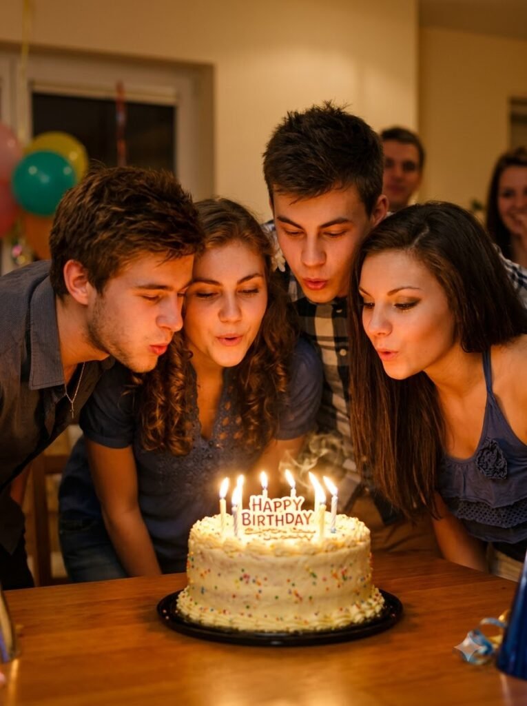 Four friends gathered around a birthday cake with candles