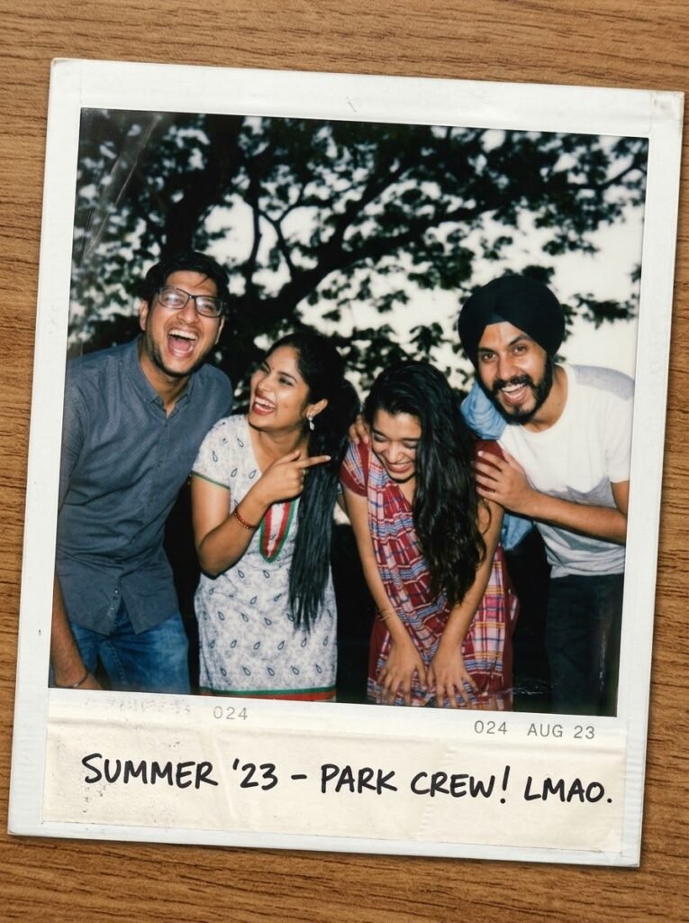 Friends laughing together in a candid Polaroid-style casual hangout photo