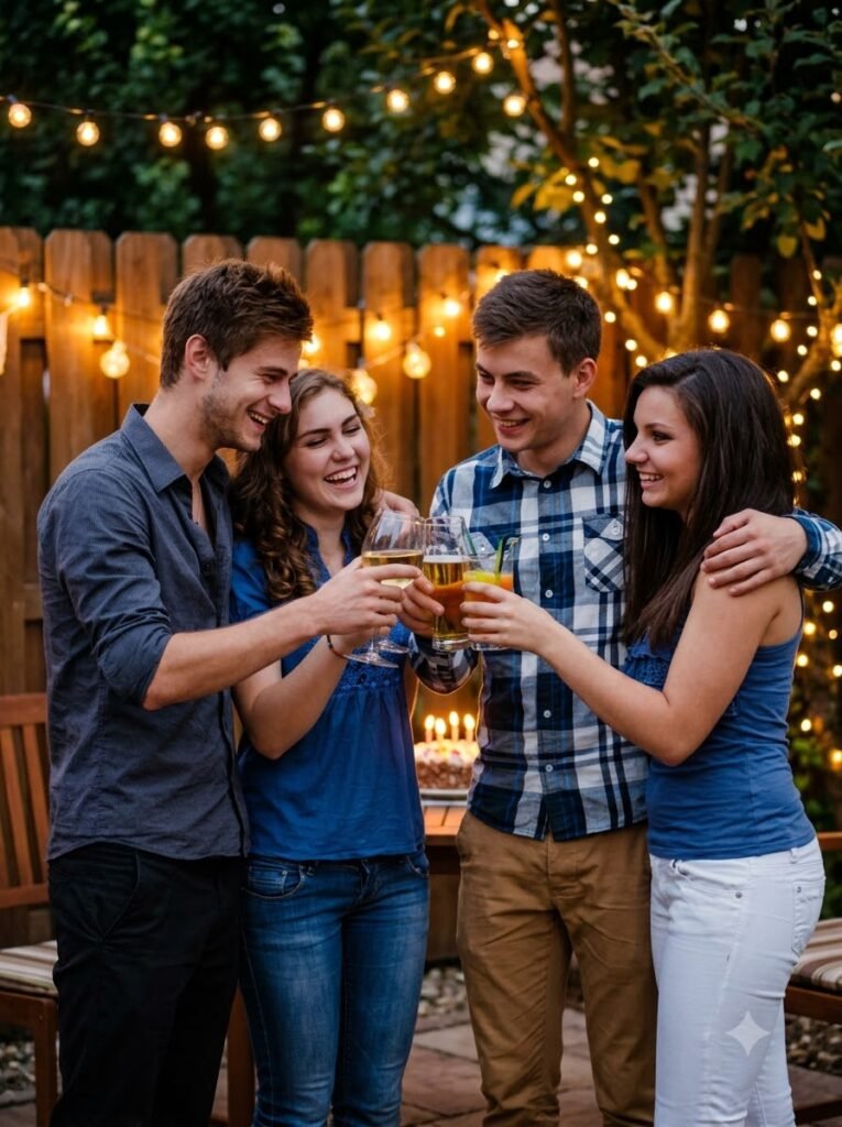 Friends raising drinks in a toast at a birthday celebration