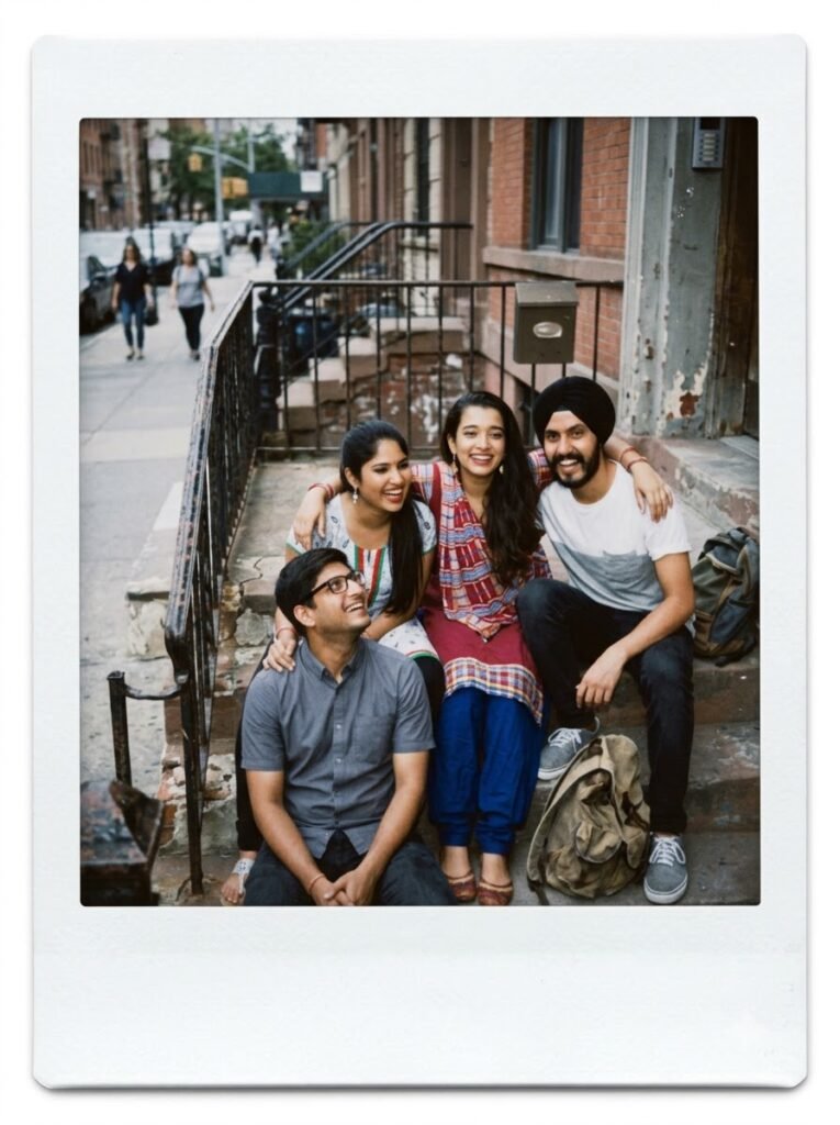 Friend group sitting together on a stoop in a Polaroid-style photo