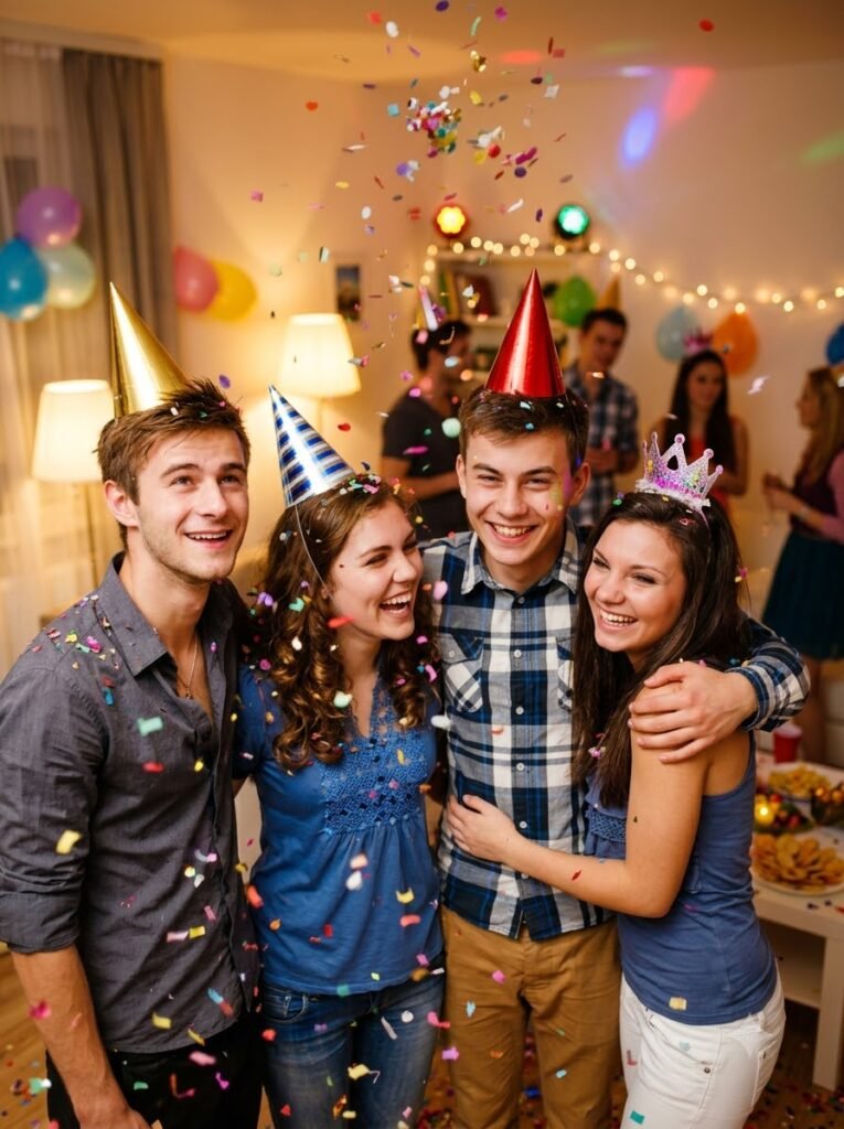 Friends wearing party hats with birthday confetti in the air