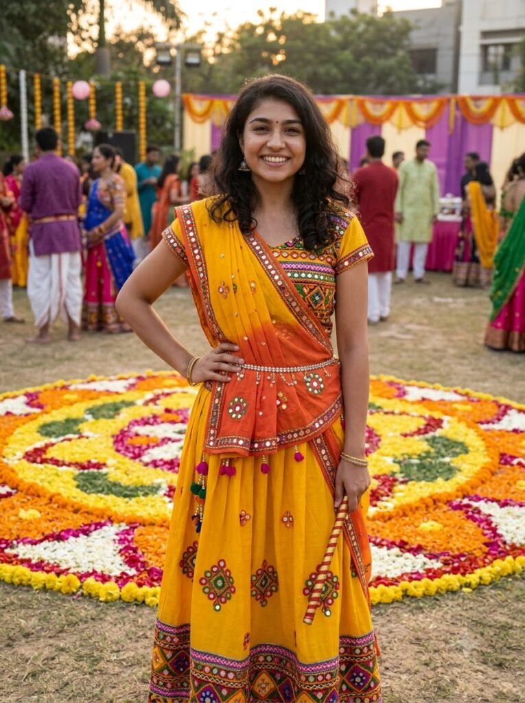 Girl in a yellow and orange chaniya choli holding a decorated dandiya stick