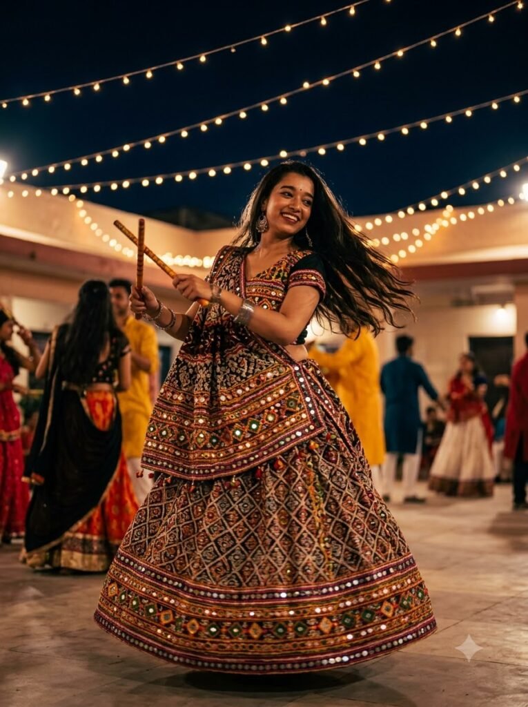 Garba dancer under warm string lights with mirror-work embroidery reflecting the light