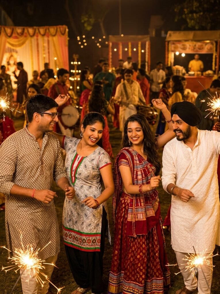 Garba group at a Navratri night event with warm golden festival lighting