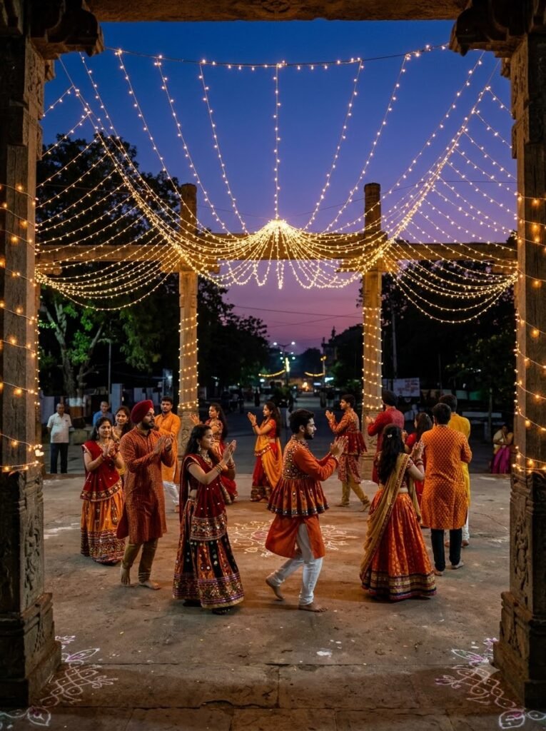 Garba group performing a synchronized dance step in colorful traditional outfits at dusk