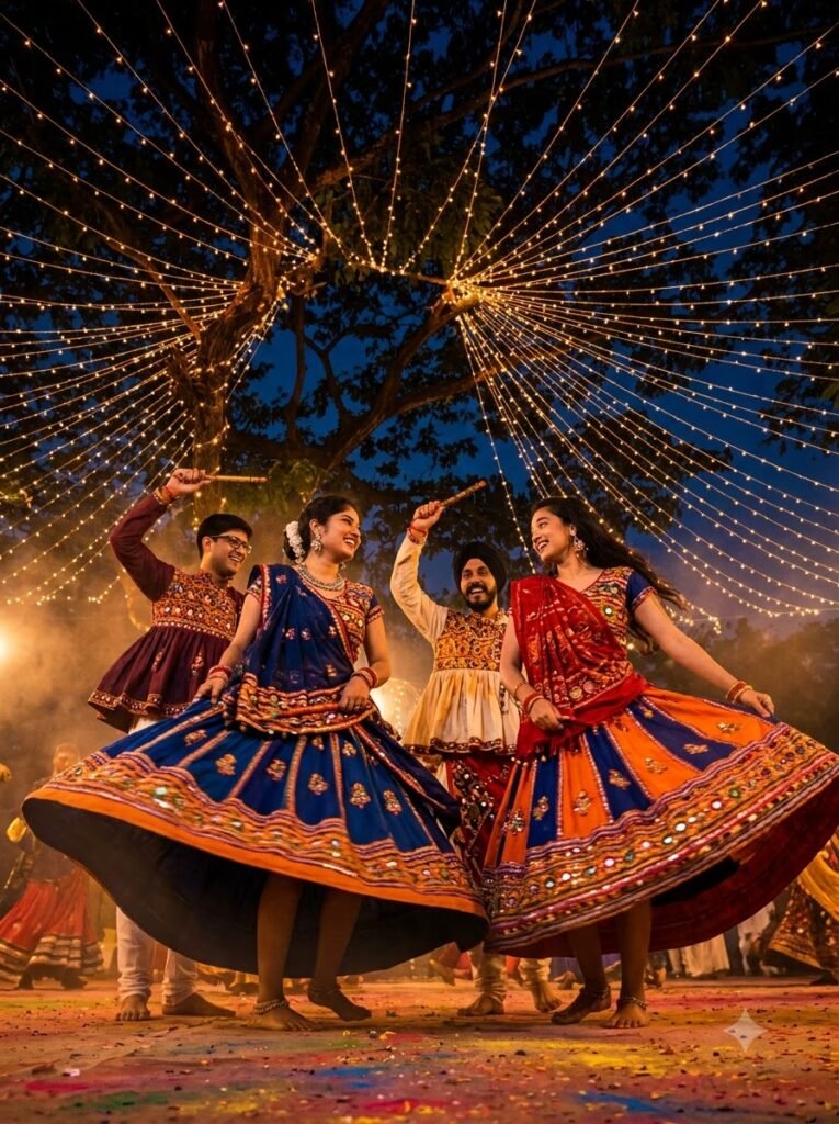 Garba dancers spinning together beneath string lights at a Navratri night event