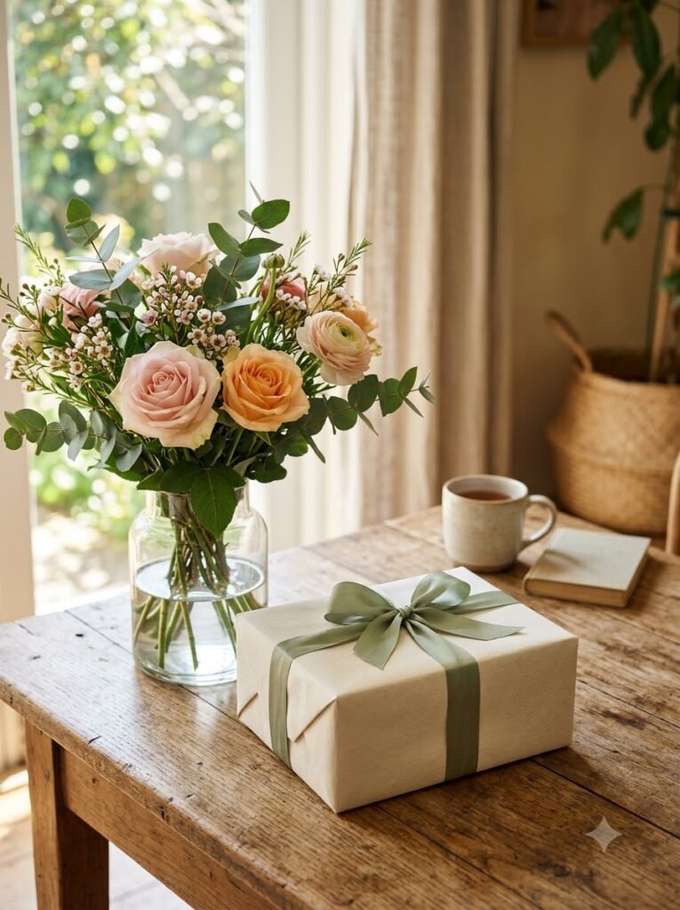 Gift box and fresh flowers arranged in soft morning light for Mother's Day