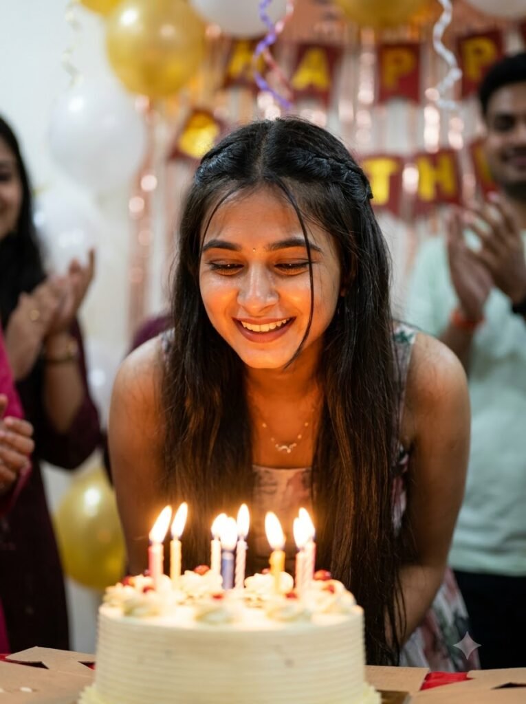 Young girl in a party dress blowing out birthday cake candles