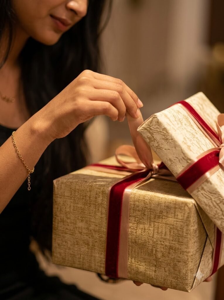 Girl opening a ribboned birthday gift box